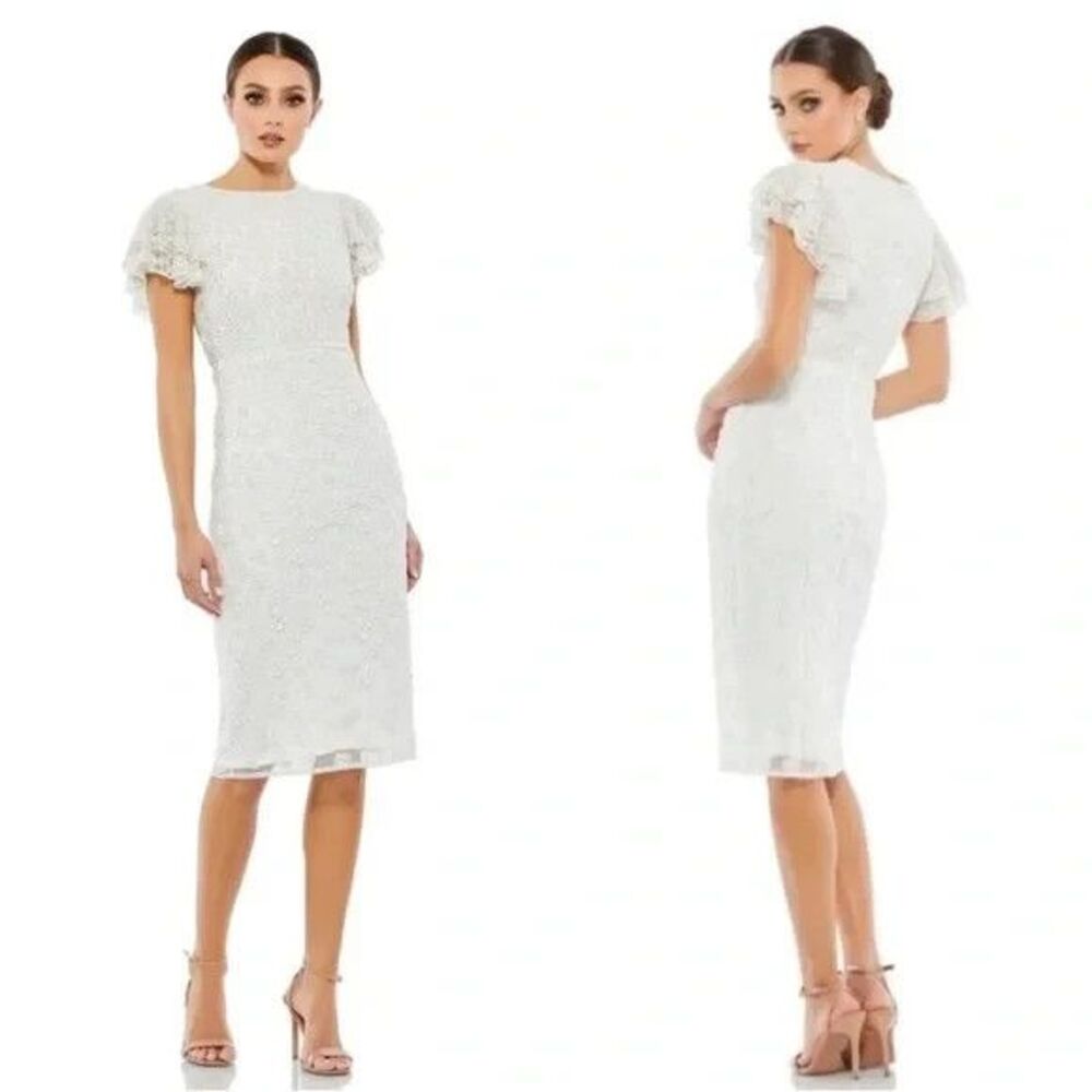 Mac‎ Duggal NWT Embellished Beaded Dress Size 2 Ruffle Sleeve White wedding